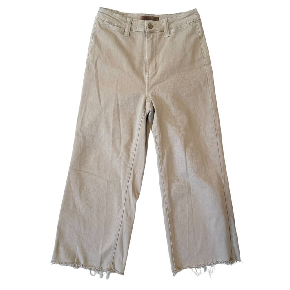 Judy Blue Khaki Garment Dyed Crop Wide Leg Raw Hem Khaki Neutral Jeans size 3/26 - Picture 2 of 5